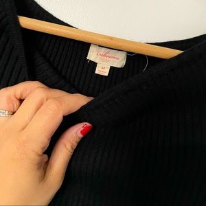 Black ribbed knit off shoulder dress, knee length